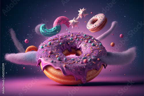 donut with many toppings, floating donut, colorful donut, donut with colorful background, with Generative AI Techonology. 