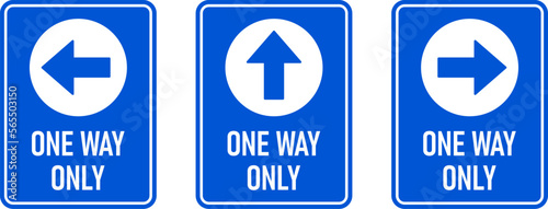 Set of One Way Only Vertical Warning Sign Poster or Sticker Design Icon with Direction Arrow and Text. Vector Image.