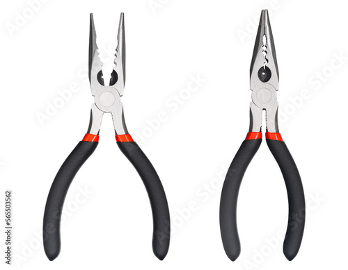 Needle nose pliers. Wire cutter or flush nippers. Universal long nose pliers for electric wire. Professional tools for metal construction. Mechanic instrument for workshop, repairing works.  photo