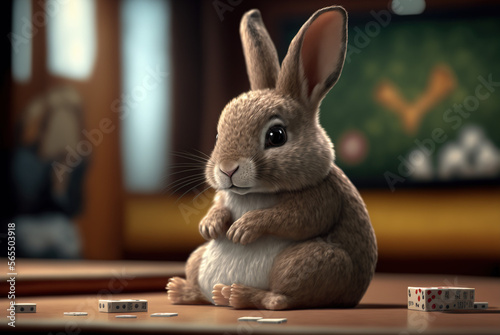 Bunny rabbit playing poker  gambling while sitting on table  generative AI