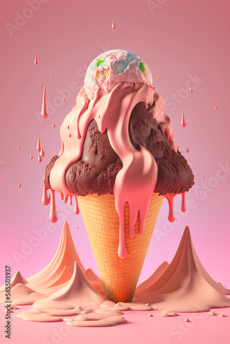 ice cream cone with many colorful toppings, melting ice cream,
ice cream with mountain, ice cream cone, ice mountain cream cone,
ice cream with colorful background, with Generative AI Techonology. photo