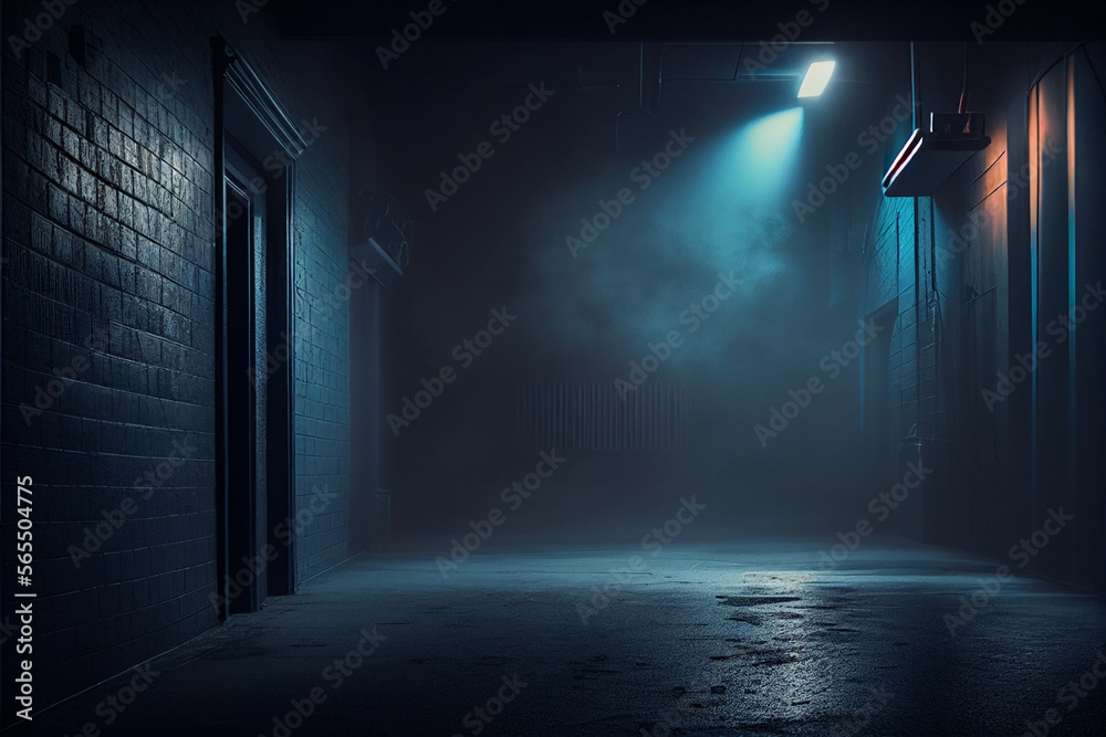 A dark empty street, dark blue background, an empty dark scene, neon light, spotlights The asphalt floor and studio room with smoke float up the interior texture. night view. Generative AI