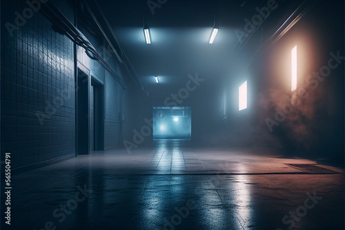 A dark empty street  dark blue background  an empty dark scene  neon light  spotlights The asphalt floor and studio room with smoke float up the interior texture. night view. Generative AI