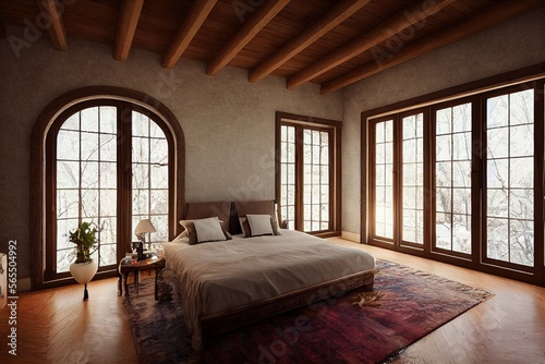 Luxurious Cozy Winter Spanish style primary room interior with minimal staged furniture with large arched windows direct sunlight daylight made with generative ai
