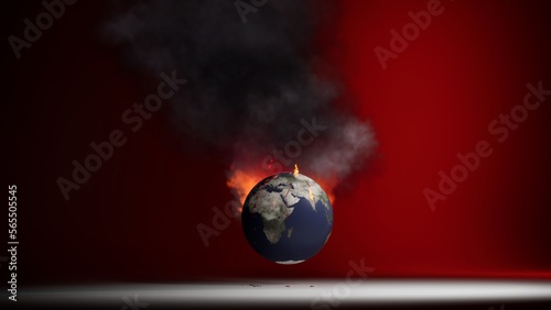 sad of sick earth in fire hot global warming crysis situacion in world war smoke cataclysm future concept scenario