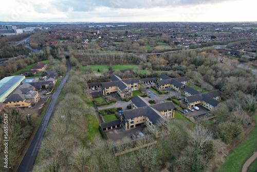 Aerial View of Residential Homes Near Tongwell Lake of Milton Keynes City of England Just Before Sunset. Drone's Camera Footage photo