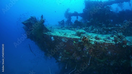 Coral on wreck underwater on seabed of Pacific Ocean on Chuuk Islands. Sunken ship in sea life of Truk. Diving on shipwreck in blue lagoon. photo
