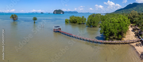 Panoramic aerial view of a pier and mangrove trees on sunny day and high tide. Thalane, Krabi Province, Thailand. photo