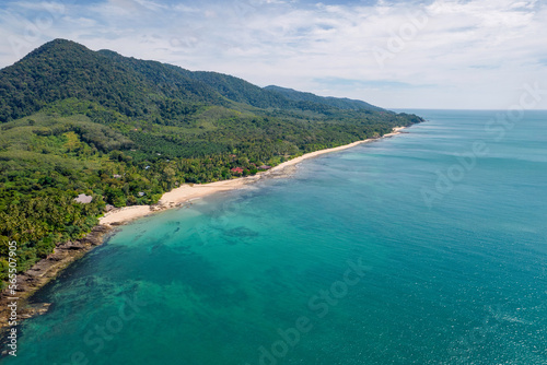 Aerial view of south-western coastline of Ko Lanta island on sunny day. Krabi Province, Thailand.
