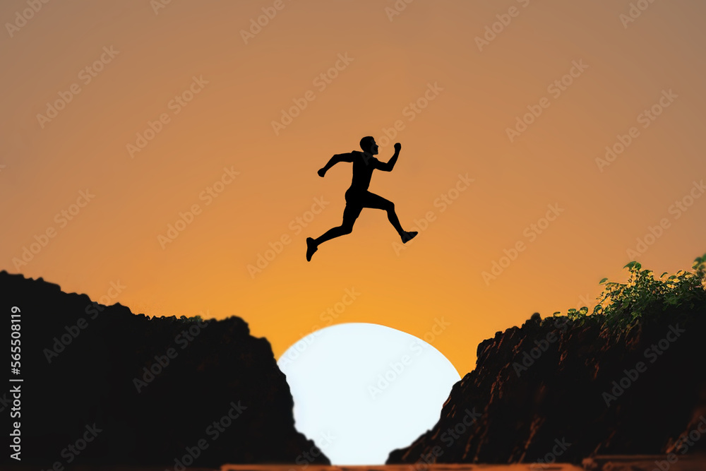 silhouette of businessman jumping over the cliff on sunset background, business concept idea , AI digital illustration. silhouette of businessman jumping over the cliff on sunset background, business concept idea , AI digital illustration.