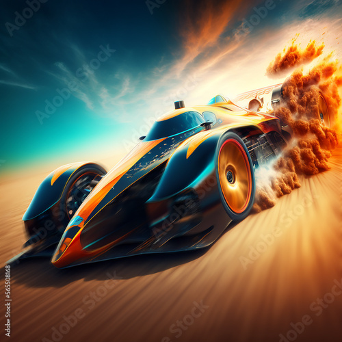 Super car drifting on dirt track, sand splashing sands around in dash, AI digital illustration. © olando