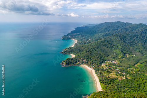 Drone view of western part of Ko Lanta island on sunny day. Krabi Province, Thailand.