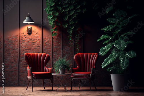 concept art for a cozy sitting lounge with a red clinker wall and plants, Generative AI