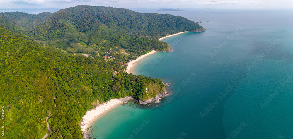 Panoramic aerial view of south-western part of Ko Lanta island on sunny day. Krabi Province, Thailand.