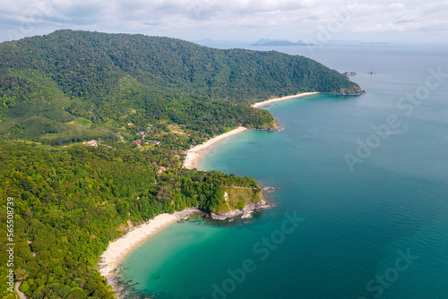 Aerial view of beaches of of south-western part of Ko Lanta island on sunny day. Krabi Province, Thailand.