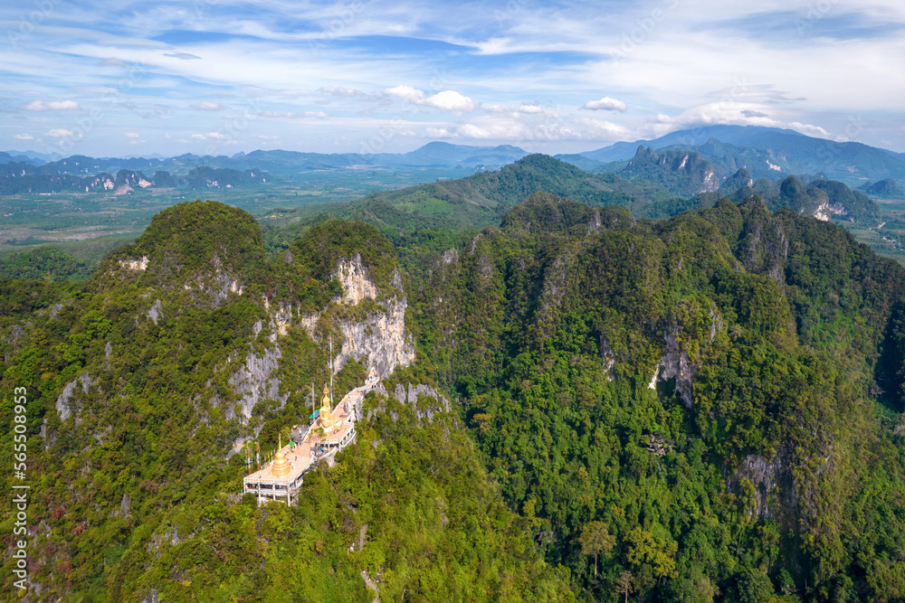 Drone view of viewpoint in Tiger Cave Temple on sunny day. Krabi, Thailand.