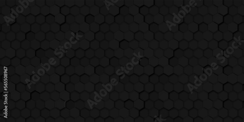 Black wall with hexagon tiling. Dark background with carbon hexagonal tiles or polygonal cells. Abstract geometric backdrop with honeycomb pattern or texture. Modern monochrome vector illustration. © Sharmin
