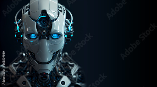 Robot android with blue lights isolated in black background created with a Generative AI technology 