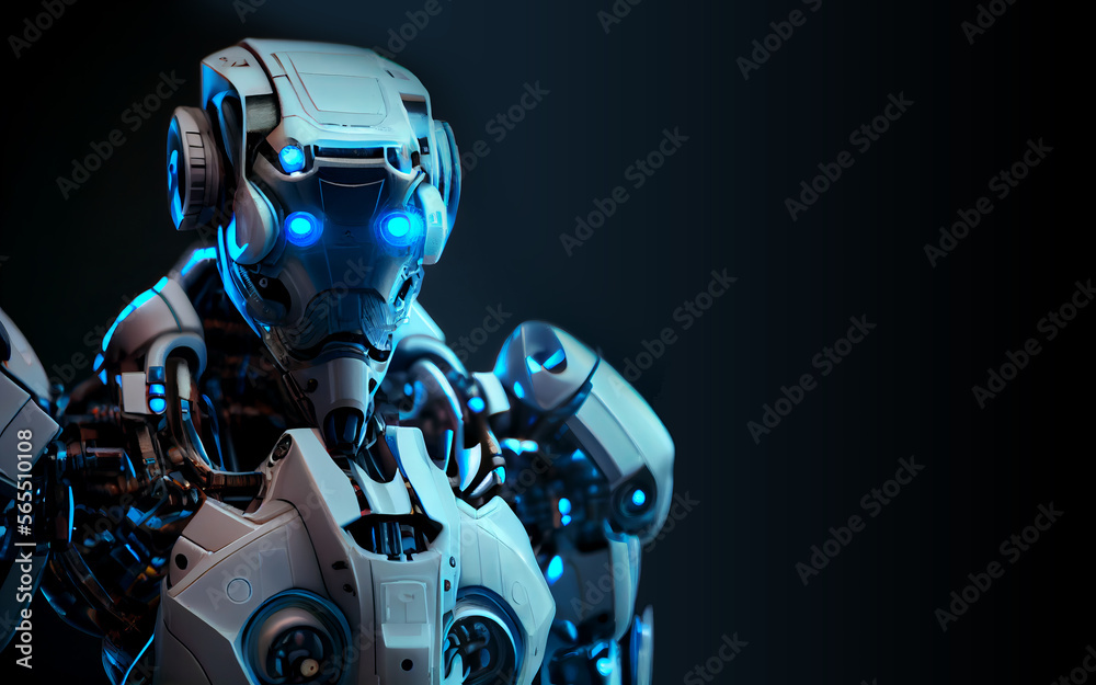 Robot android with blue lights isolated in black background created with a Generative AI technology Robot android with blue lights isolated in black background created with a Generative AI technology
