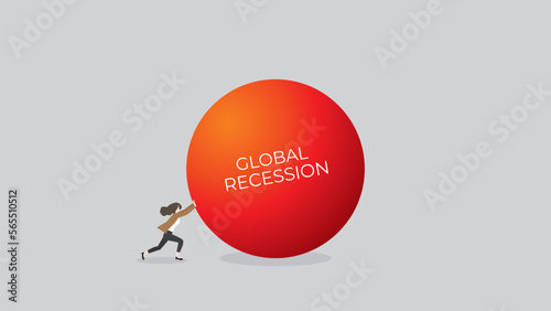 Business recession concept. the financial crisis, economic downturn, inflation, recession, failure, bankruptcy, and crisis. Businesswoman pushes the big red ball. A minimal style vector illustration.