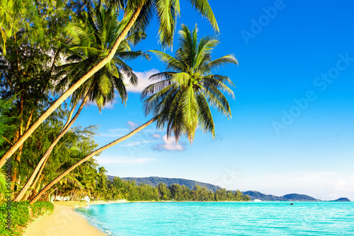 Beautiful tropical island sea beach landscape  turquoise ocean water  yellow sand  sun blue sky white cloud  green coconut palm tree leaves  paradise nature  summer holidays  vacation  tourism  travel