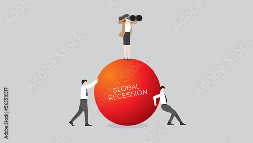 Global recession concept. A vision businessman uses binoculars. Teamwork fight against a big red ball. The financial crisis, economic downturn, inflation, recession, failure, bankruptcy, and crisis.