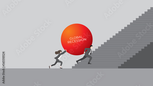 A businessman and businesswoman push a big red ball. Step up a stair as a team. Business recession concept. financial crisis, economic downturn, inflation, recession, failure, bankruptcy, and crisis.