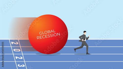 Global recession concept in the year 2023. A businessman runs away from the big red ball of financial crisis, economic downturn, inflation, recession, failure, bankruptcy, and crisis. Minimal vector.