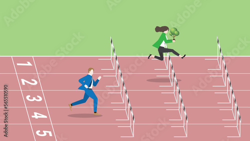 Advantages of ESG and green business policy of environmental concern, eco friendly, sustainability company. A leader businesswoman with a tree and competitor is run and jumps over obstacles in a race.