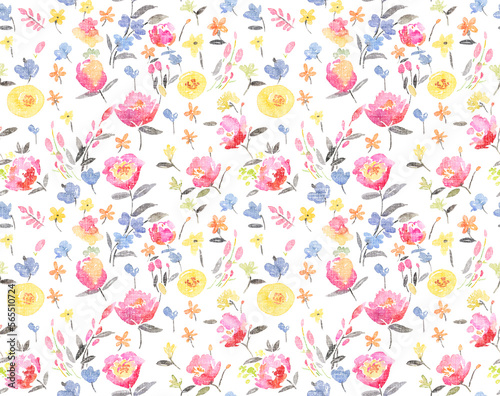 Seamless floral pattern. Beautiful flowers on a white background. multicolor watercolor loosely allover seamless flowers and plants on a white background