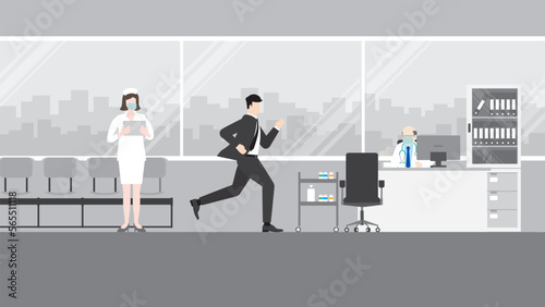 Hurry office people, a businessman runs to the doctor's appointment at the hospital. Rush hour, Urgent, Appointed time, Hectic life, Arriving late for medical treatment, Hectic, Daily haste. Concept.