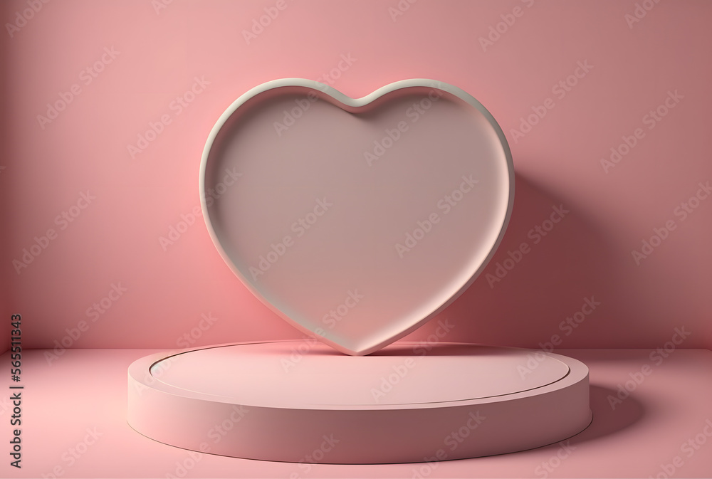 Valentine pink pastel product display, empty podium for valentines day mockup, round pedestal with heart background, 3d illustration template