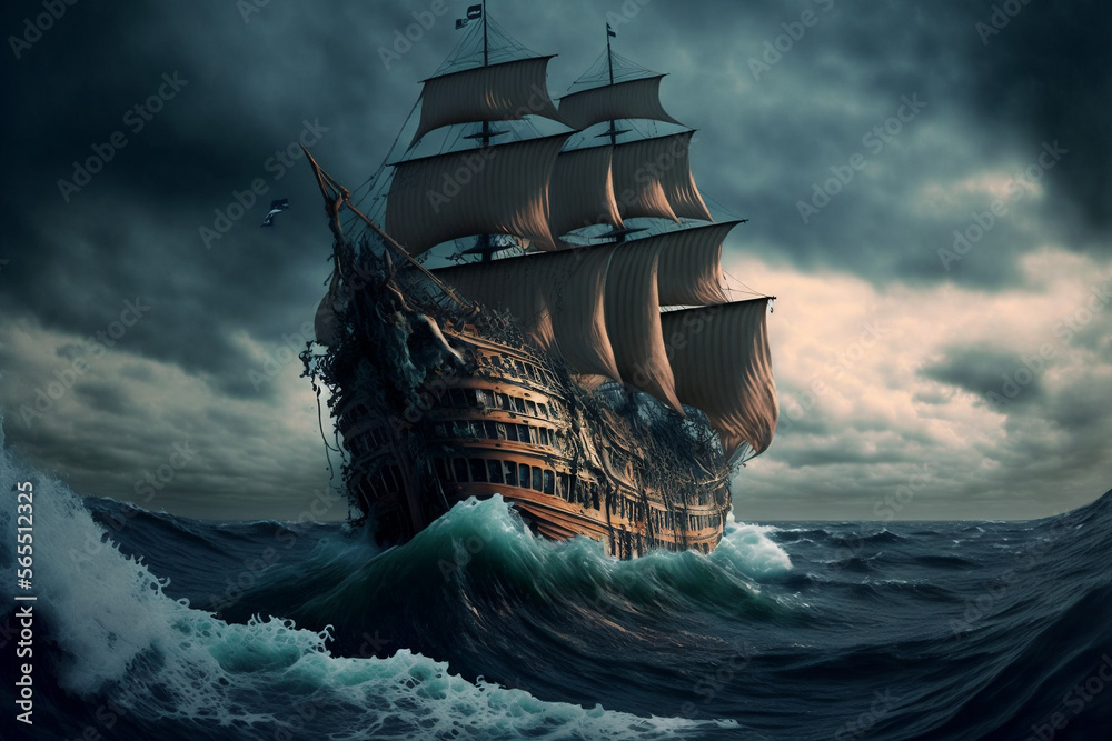 Obraz premium Pirate ship on the ocean - Generative AI