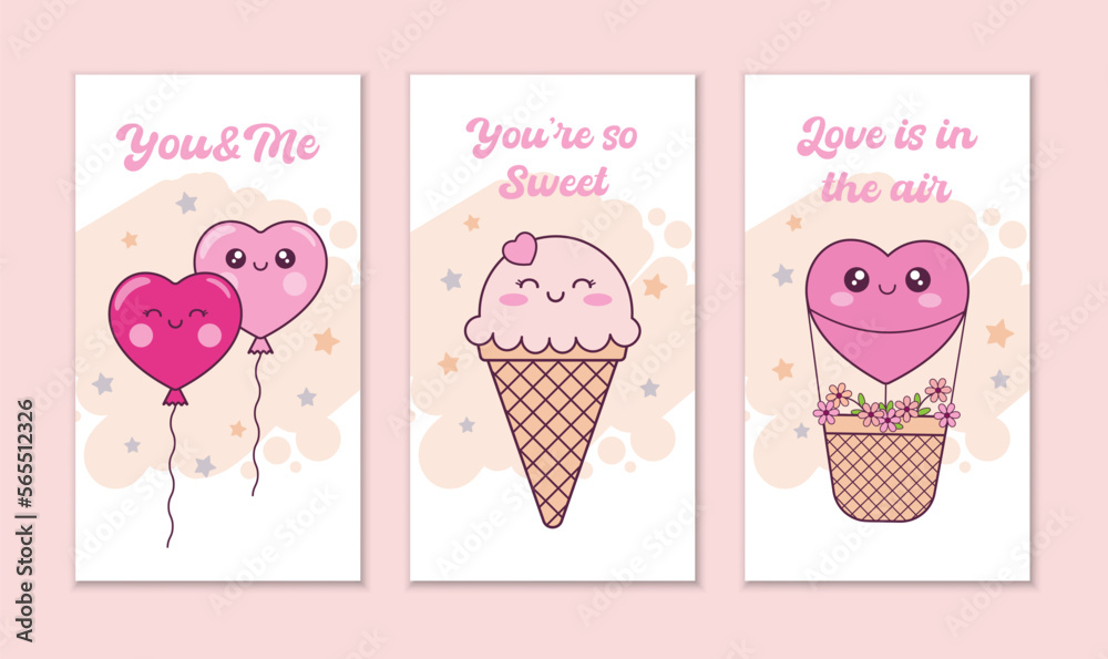 Hand drawn Valentines day social media stories set. Vertical banners with cute kawaii characters in cartoon style. Love, romantic concept.