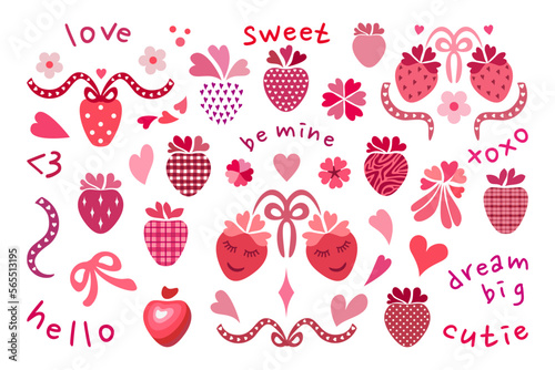 Valentine #lovecore aesthetic set. Isolated plaid and polka dots strawberries, classic pink and red hearts, flowers, ribbons collection. Text: love, xoxo, be mine, dream big, sweet, cutie, hello, <3.