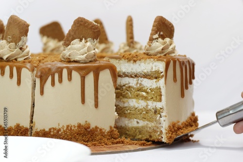 selective focus of caramel biscoff cake. Biscoff layer cake isolated on white background. copy space. photo