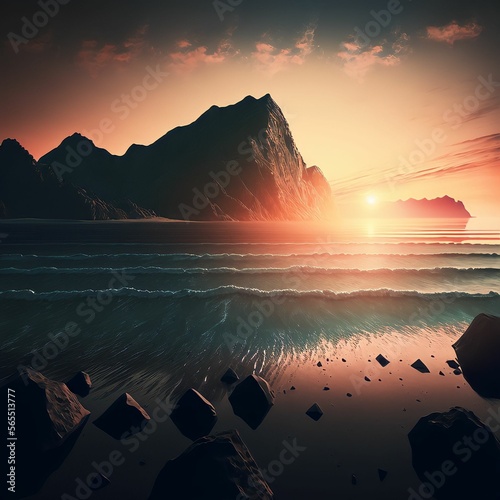 a beach with mountains and the sunset in the background
