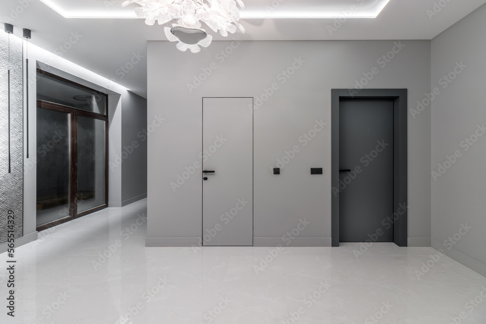A simple modern gray wall with a black and gray door in an empty room ...