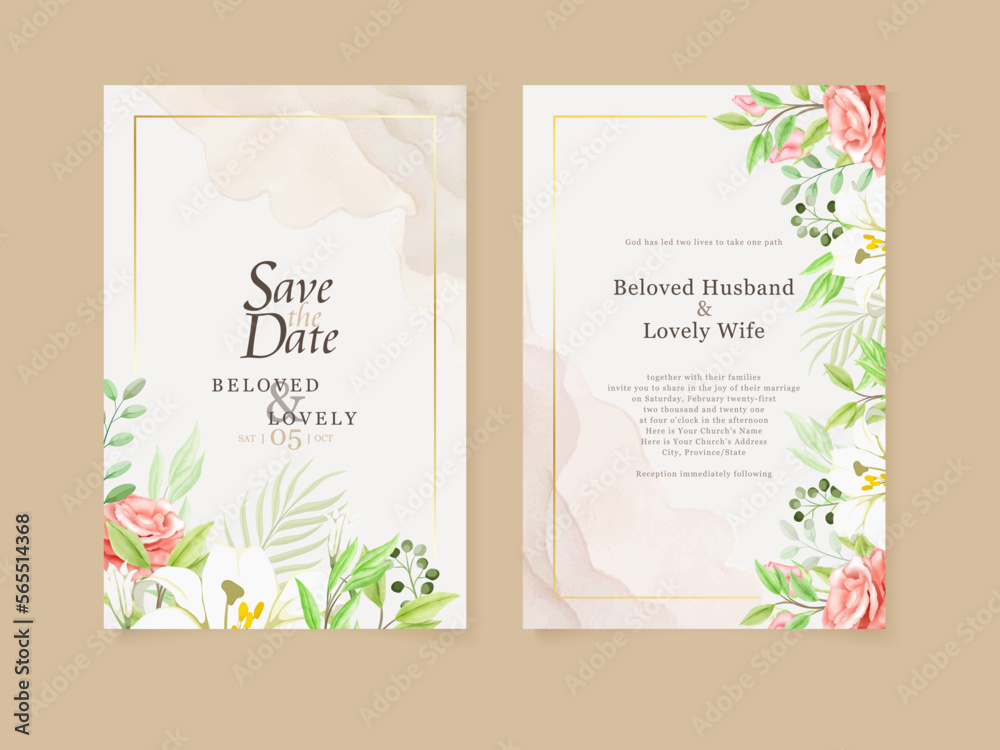 Beautifull Wedding Invitation Card Floral Watercolor Template