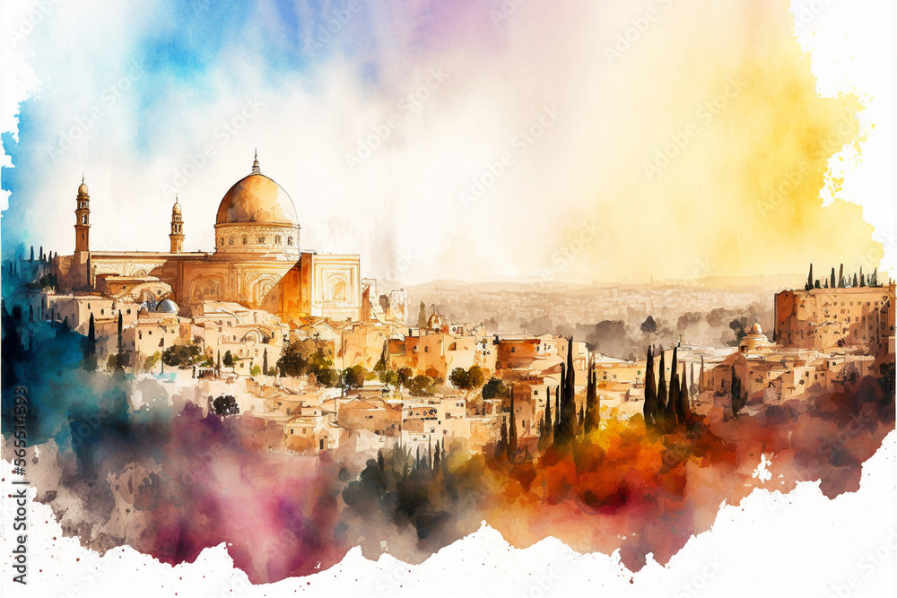 Fototapeta premium Jerusalem city watercolor panoramic painting. Generative AI
