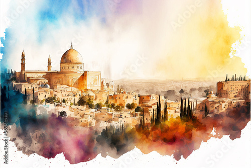 Jerusalem city watercolor panoramic painting. Generative AI photo