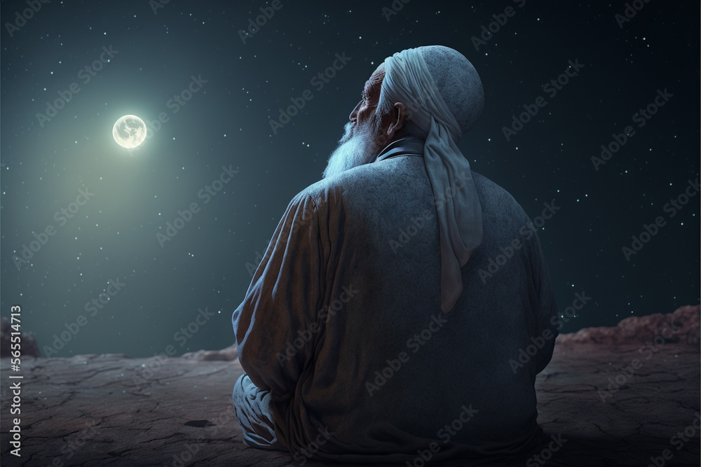 muslim old man praying on a starry and crescent moon moon night. Ramadan concept. Generative AI muslim old man praying on a starry and crescent moon moon night. Ramadan concept. Generative AI