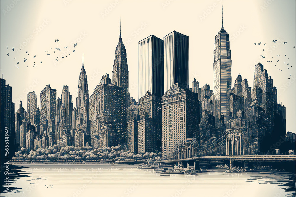 vector sketch hand drawing panoramic new york city. Front view ...