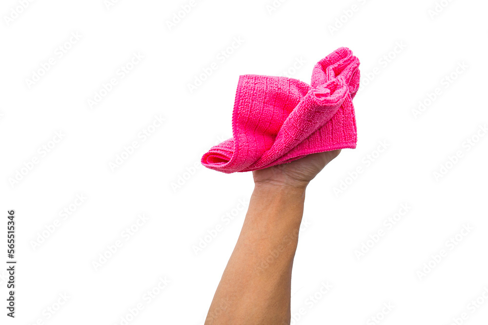 Abstract male hand holding pink microfiber cleaning cloth on white. Background copy space for add text or art work design.