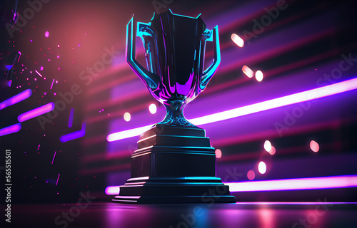 E-Sports winner trophy at studio illuminated by purple neon lights with blurred background. Generative AI.