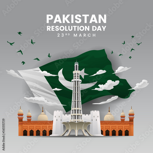 Pakistan Resolution Day Famous Landmark with Big Flag Illustration Background