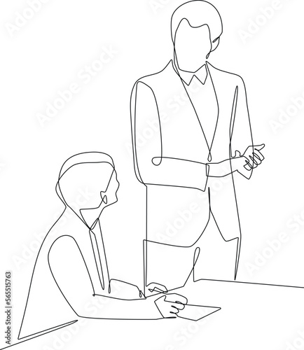 Continuous one line drawing businessman discussing with his staff about project management. Project planning concept. Single line draw design vector graphic illustration.