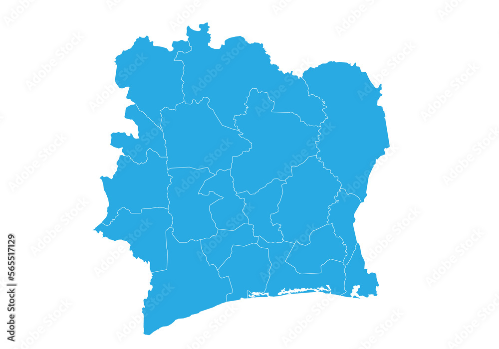 ivory Coast map. High detailed blue map of ivory Coast on PNG transparent background.