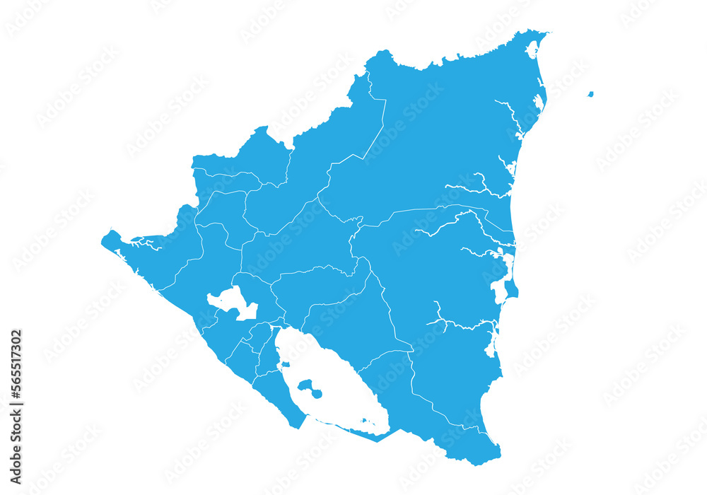  nicaragua map. High detailed blue map of nicaragua on PNG transparent background.