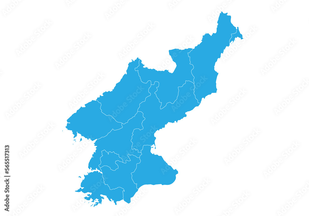 north Korea map. High detailed blue map of north Korea on PNG transparent background.